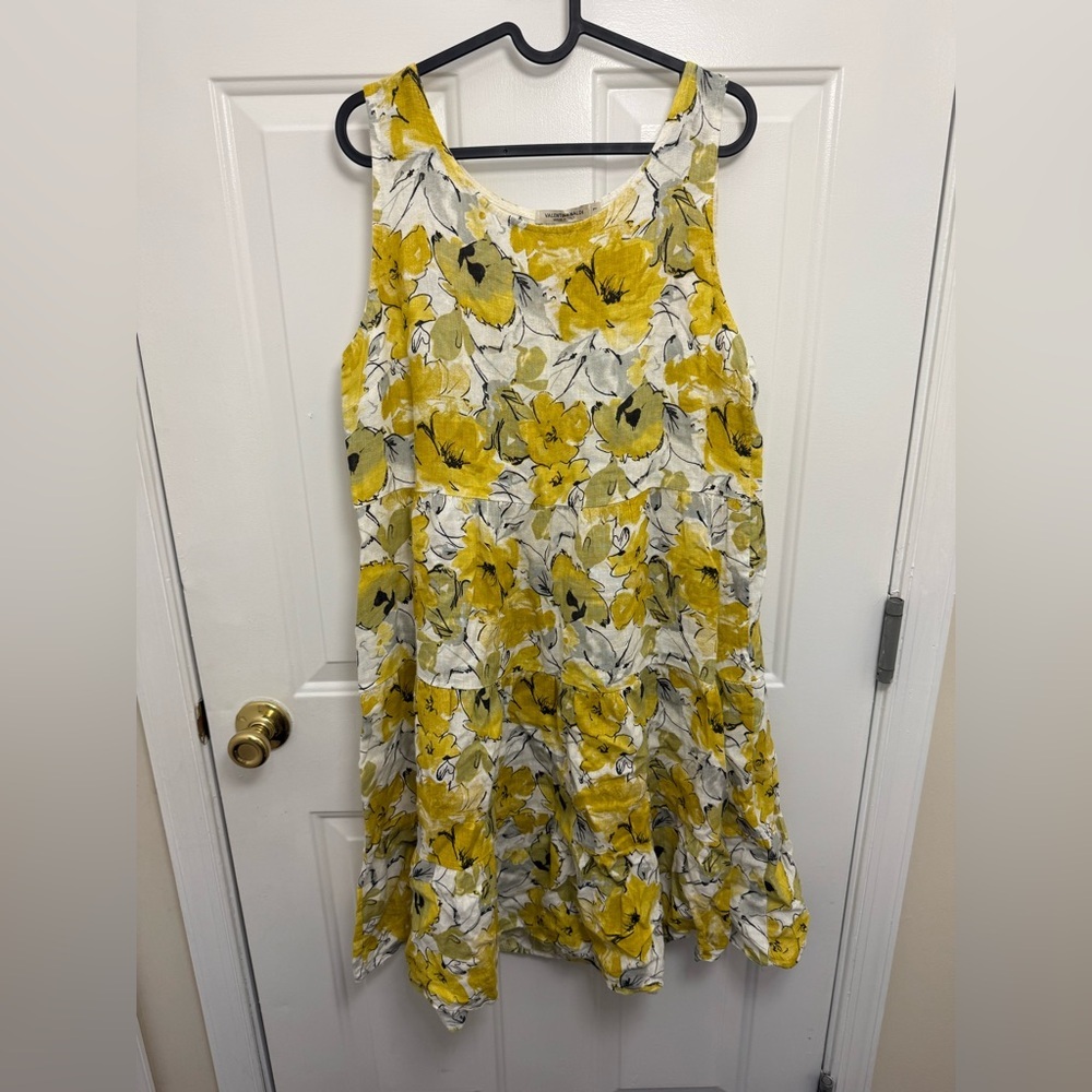 Women’s Valentina Naldi 100% Linen Yellow Floral Sleeveless Dress Sz L Summer
